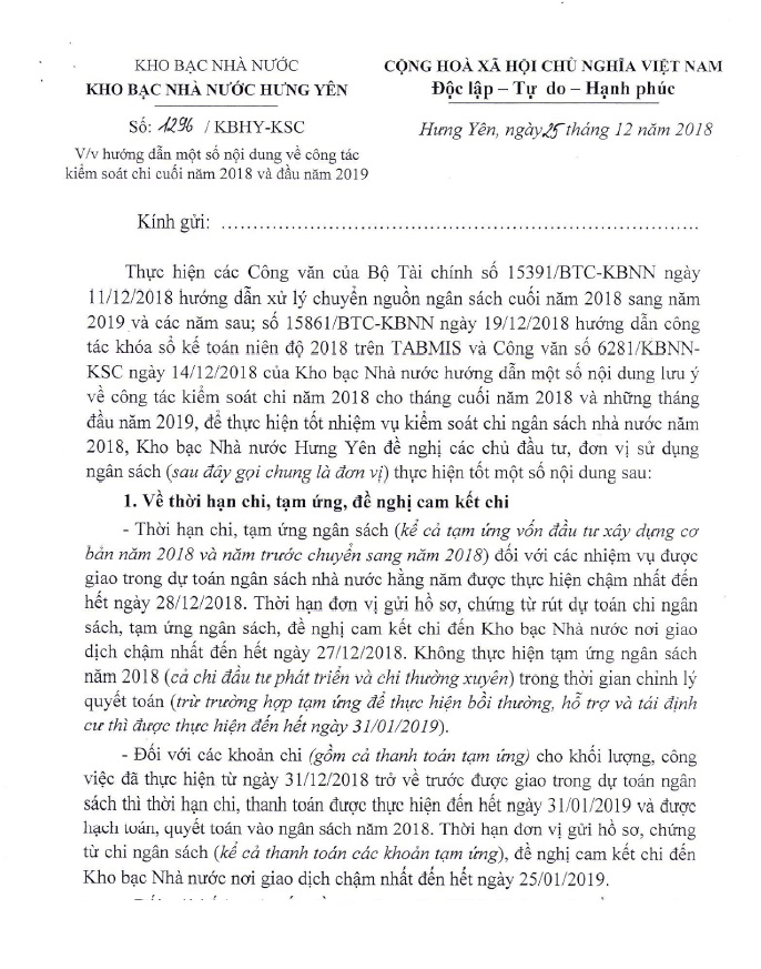   Kho bạc Nhà nước Hưng Yên hướng dẫn một số nội dung về công tác kiểm soát chi cuối năm 2018 và đầu năm 2019